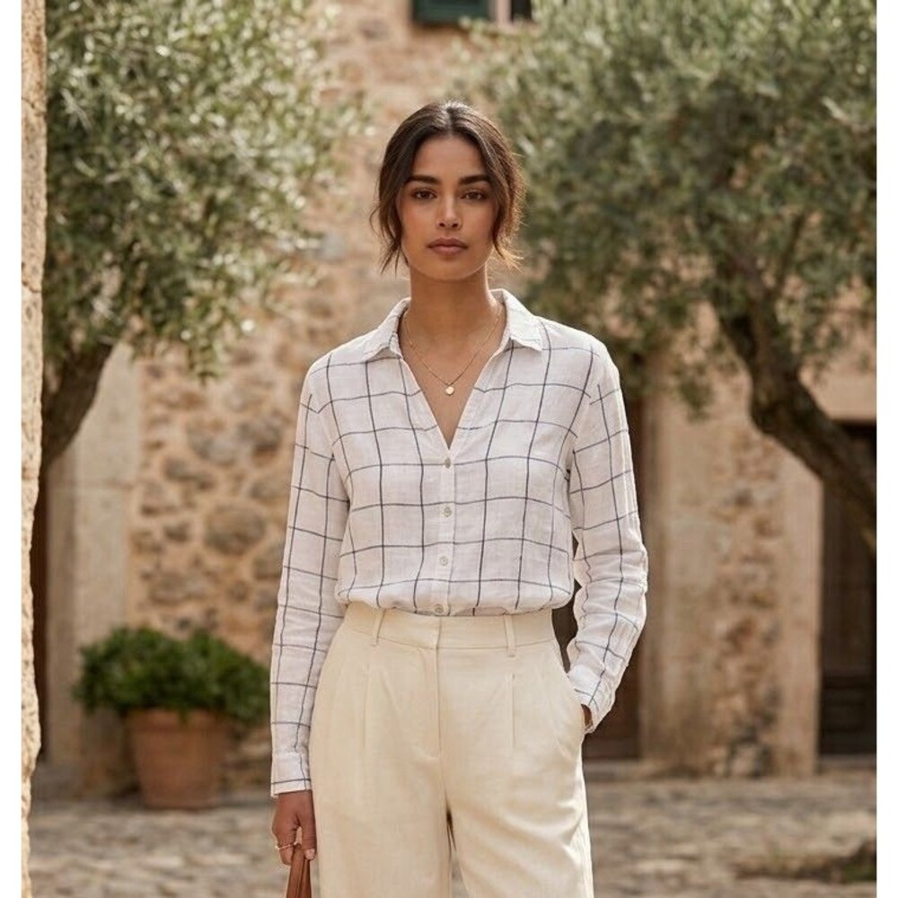 Tahari 100% Linen Windowpane Grid Button Down Shirt L Coastal Grandmother
